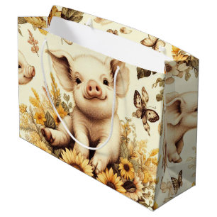 Grand Sac Cadeau Joli Motif de cochon de tournesol Vintage