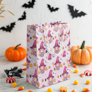 Grand Sac Cadeau Joli Motif Halloween avec Citrouilles et sorcière