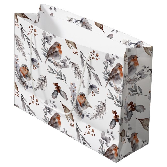 Grand Sac Cadeau Joli Noël Rustique du Bruant d'hiver (Devant Angle)