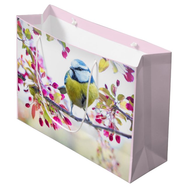 Grand Sac Cadeau Joli oiseau bleu et jaune sur une branche Photogra (Devant Angle)