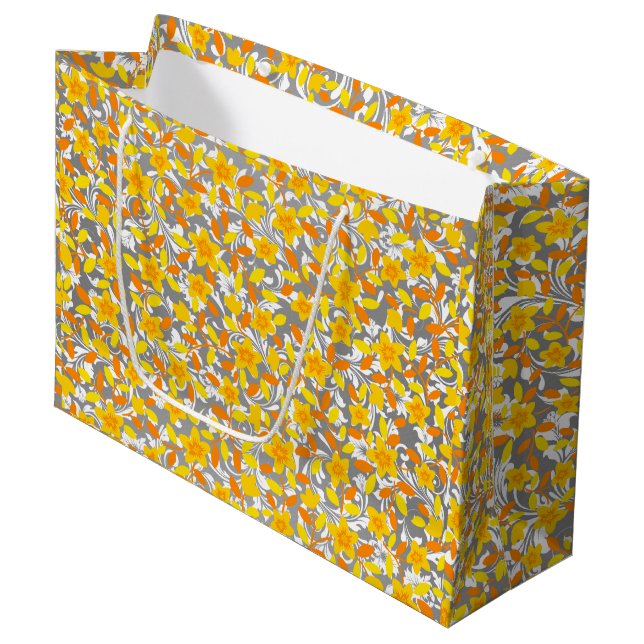 Grand Sac Cadeau Joli orange jaune fleurs blanches motif (Devant Angle)