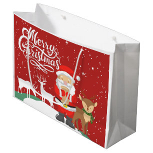 Grand Sac Cadeau Joli Père Noël dans la neige avec rennes Script ro