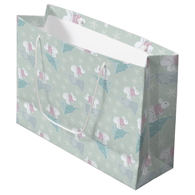 Grand Sac Cadeau Joli Vert hiver Noël Lapin Sweat Snowflakes (Devant Angle)