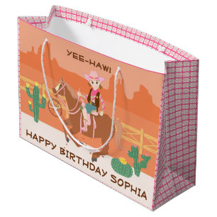 Grand Sac Cadeau Jolie Cowgirl et cheval fête d'anniversaire