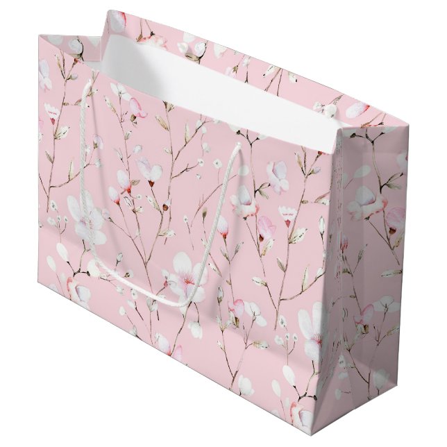 Grand Sac Cadeau Jolie Fête de Mariage Florale Rose et Blanche (Devant Angle)