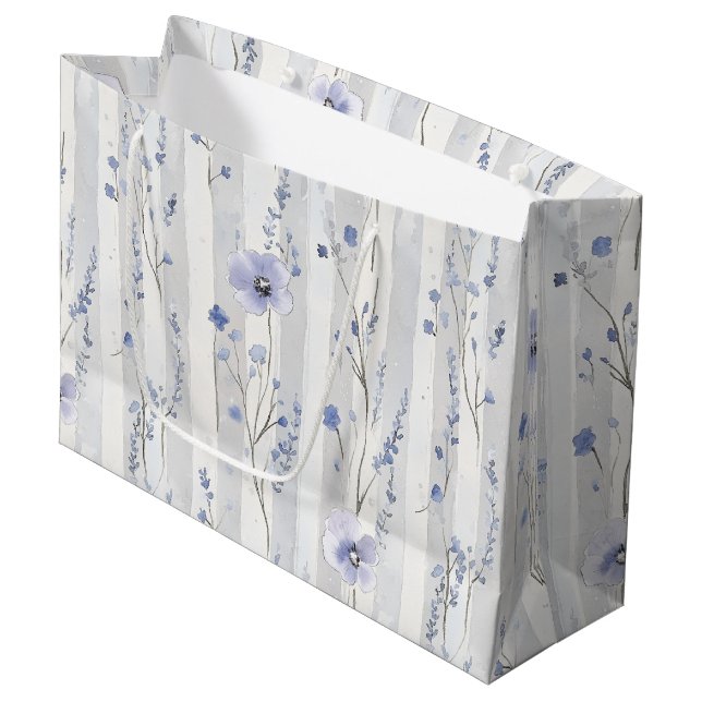 Grand Sac Cadeau Jolie Lavande Fleurs Blanches Rayures Shower de Ma (Devant Angle)