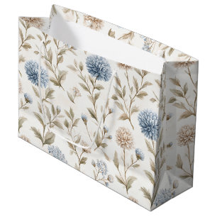 Grand Sac Cadeau Jolie Mariage Fleurs Crème Bleu Shower