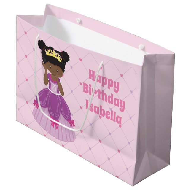 Grand Sac Cadeau Jolie princesse afro-américaine rose Anniversaire (Devant Angle)
