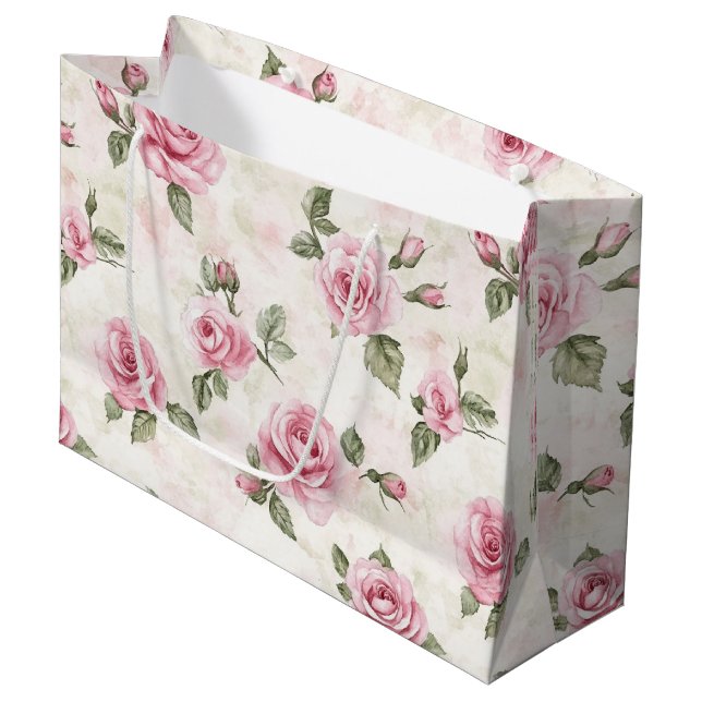 Grand Sac Cadeau Jolie rose Roses Floral Romantique Mariage (Devant Angle)