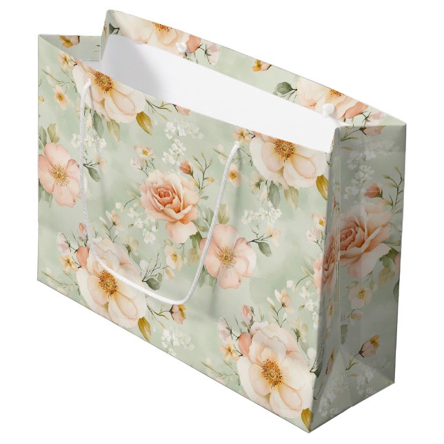 Grand Sac Cadeau Jolie Roses Floral Fête de Mariage Pêche Menthe (Devant Angle)