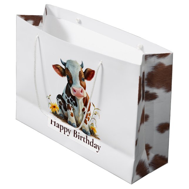 Grand Sac Cadeau Jolie vache Anniversaire Blanc (Devant Angle)