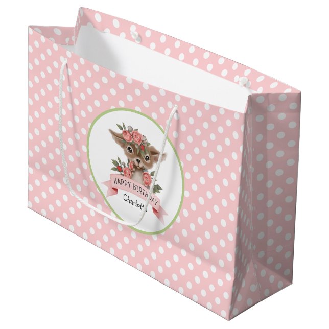 Grand Sac Cadeau Jolie Woodland Animal rose Anniversaire pour fille (Devant Angle)