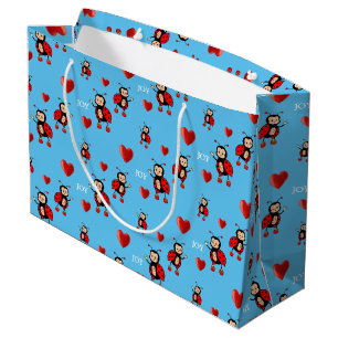 Grand Sac Cadeau Jolies coccinelles, cœurs et texte Joie sur fond b
