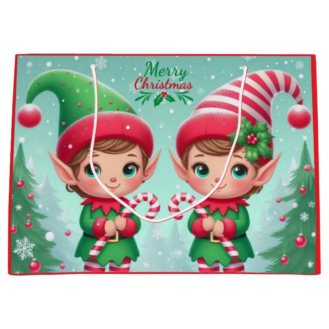 Grand Sac Cadeau Jolies elfes de Noël (Devant)