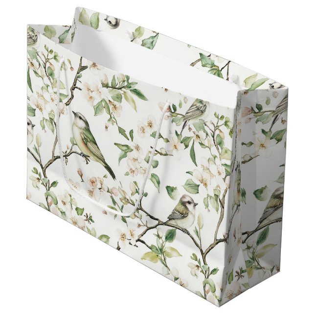 Grand Sac Cadeau Jolies Fleurs Blanches Vertes Oiseaux Lancement de (Devant Angle)