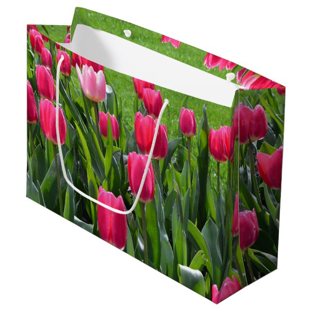 Grand Sac Cadeau jolies fleurs fraîches de tulipe rose printemps (Devant Angle)