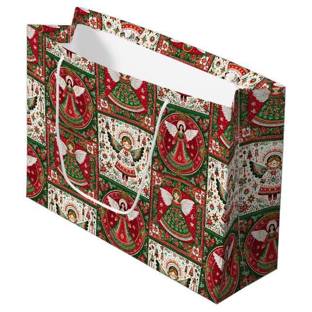 Grand Sac Cadeau Jolis anges dans le rouge et le vert de Noël  (Devant Angle)