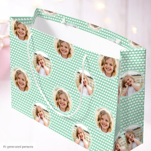 Grand Sac Cadeau Jolis cœurs verts menthe Photo d'anniversaire pour