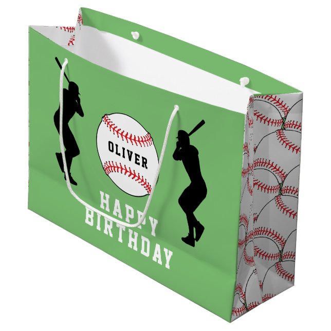 Grand Sac Cadeau Joueur de baseball vert Nom des enfants Anniversai (Devant Angle)