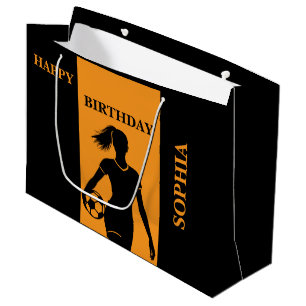 Grand Sac Cadeau Joueuse de football Fille Noir Orange Anniversaire