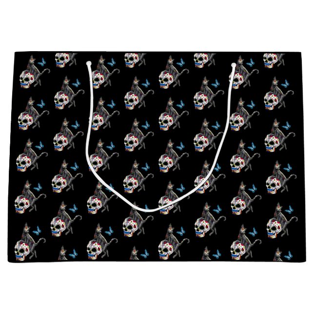 Grand Sac Cadeau Jour De La Morte Chat Crâne Sucre Et Papillon (Devant)