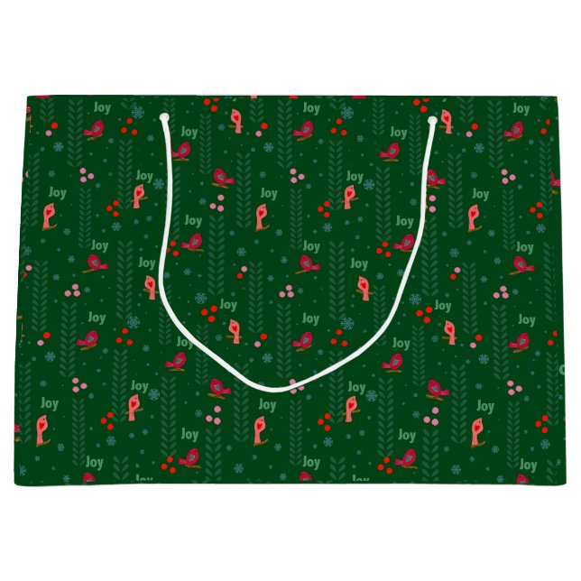 Grand Sac Cadeau Joy birds Noël vert (Devant)