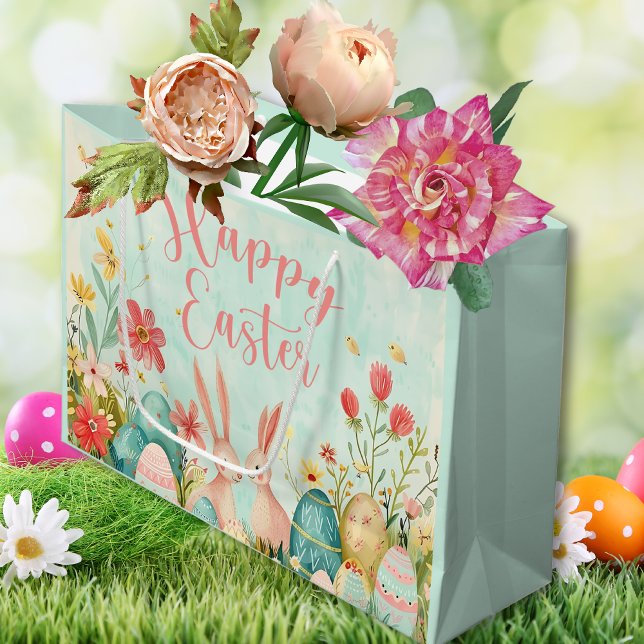Grand Sac Cadeau Joyeuse aquarelle vert pâle de Pâques (Happy Easter light green watercolor Large Gift Bag)