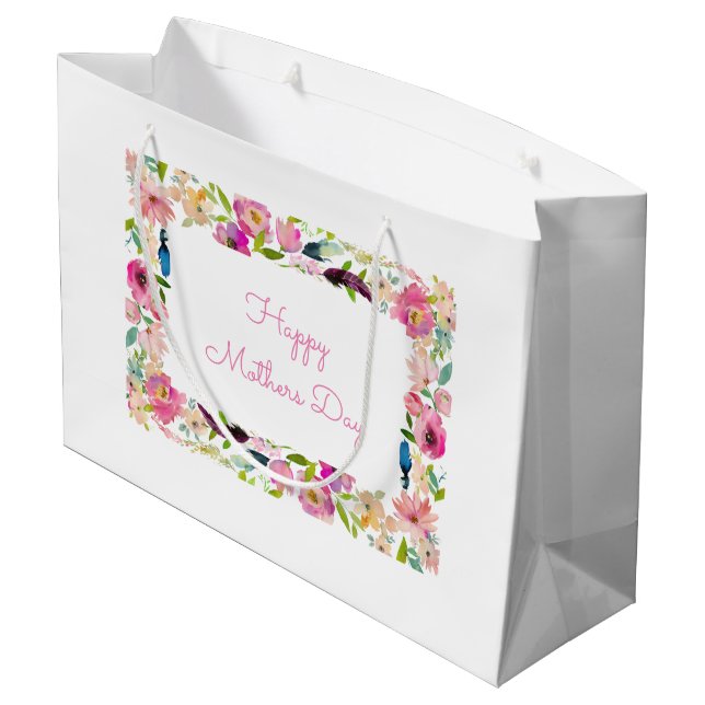 Grand Sac Cadeau Joyeuse Fête des mères Aquarelle Floral rose blanc (Dos Angle)