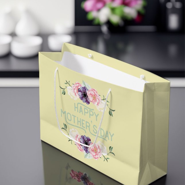 Grand Sac Cadeau Joyeuse fête des mères - Garlands aux fleurs roses (Mother's Day Gift Bag)
