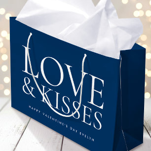 Grand Sac Cadeau Joyeuse Saint-Valentin Amour & Bisous Bleu Nuit