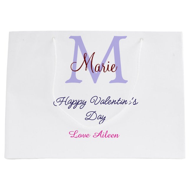 Grand Sac Cadeau Joyeuse Saint-Valentin pastel violet monogramme ro (Devant)