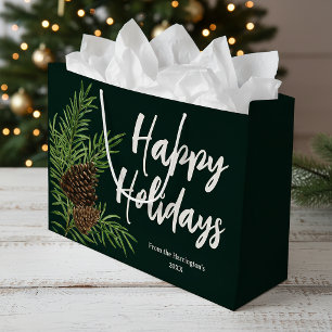 Grand Sac Cadeau Joyeuses vacances Aquarelle Pine d'hiver Vert