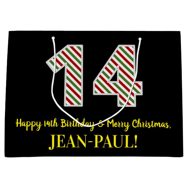 Grand Sac Cadeau Joyeux 14e anniversaire & Joyeux Noël, Nom personn (Devant)