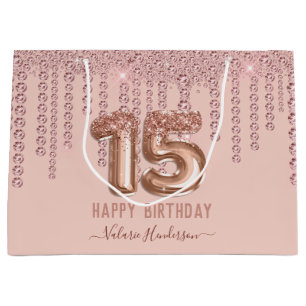 Grand Sac Cadeau Joyeux 15e anniversaire des gouttes de diamant ros