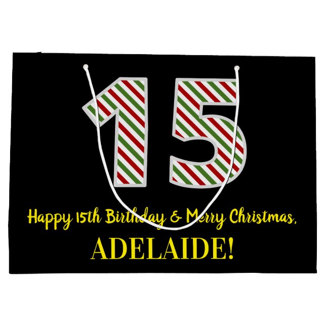 Grand Sac Cadeau Joyeux 15e anniversaire & Joyeux Noël, Nom personn (Dos)