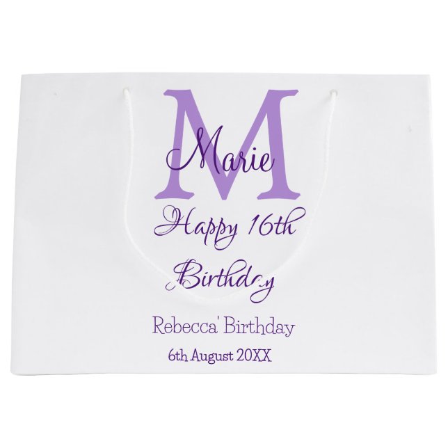 Grand Sac Cadeau Joyeux 16e anniversaire violet ajouter nom monogra (Devant)