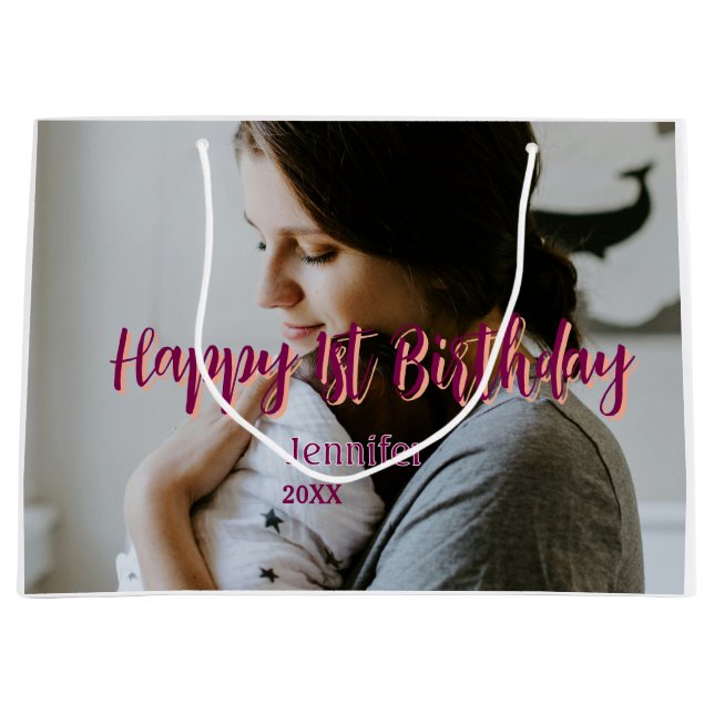 Grand Sac Cadeau Joyeux 1er anniversaire enfant bébé mère rouge ora (Devant)