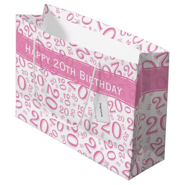 Grand Sac Cadeau Joyeux 20e anniversaire Numéro Motif rose et blanc (Devant Angle)