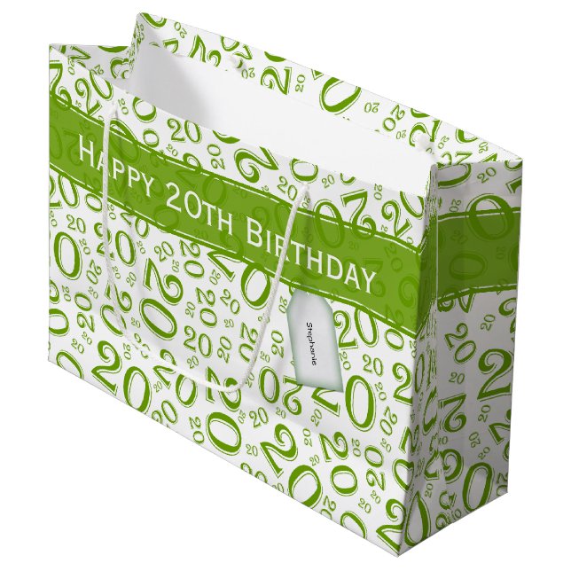 Grand Sac Cadeau Joyeux 20e anniversaire Numéro Motif Vert/Blanc (Devant Angle)