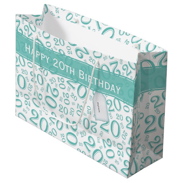 Grand Sac Cadeau Joyeux 20e anniversaire Random Number Motif Turquo (Devant Angle)