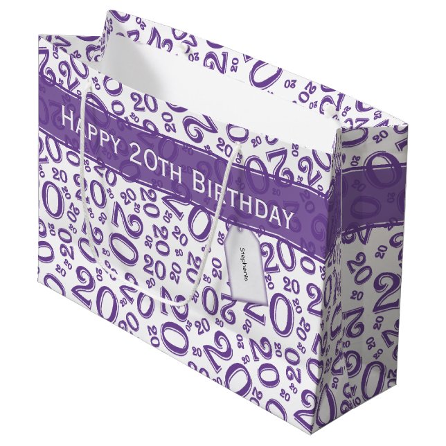 Grand Sac Cadeau  Joyeux 20e anniversaire violet Motif de nombre al (Devant Angle)