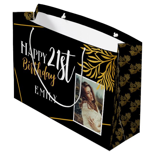 Grand Sac Cadeau Joyeux 21e anniversaire Gold Foliage Fond photo (Dos Angle)