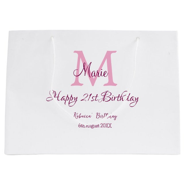 Grand Sac Cadeau Joyeux 21e Anniversaire rose ajouter nom monogramm (Devant)