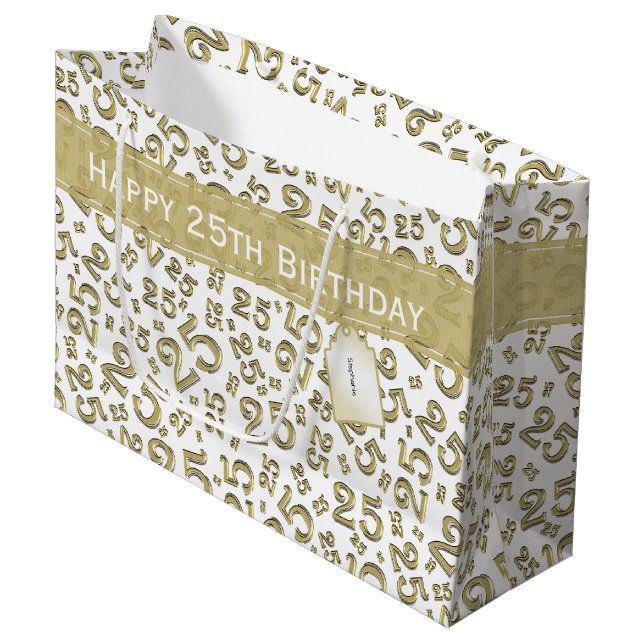 Grand Sac Cadeau Joyeux 25e anniversaire Gold Random Numéro Motif (Devant Angle)