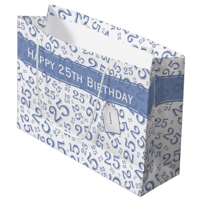 Grand Sac Cadeau Joyeux 25e anniversaire Numéro Motif Bleu et blanc (Devant Angle)