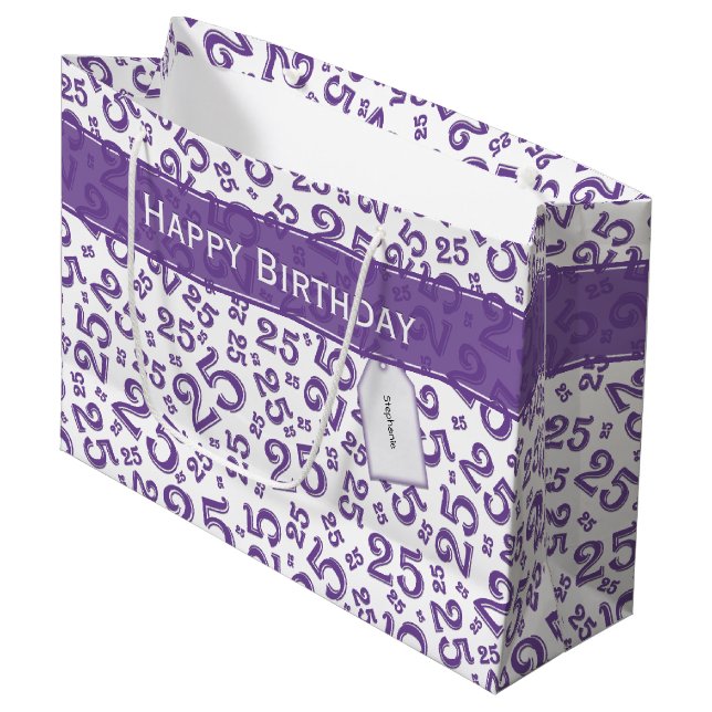 Grand Sac Cadeau Joyeux 25e anniversaire violet Motif de nombre alé (Devant Angle)