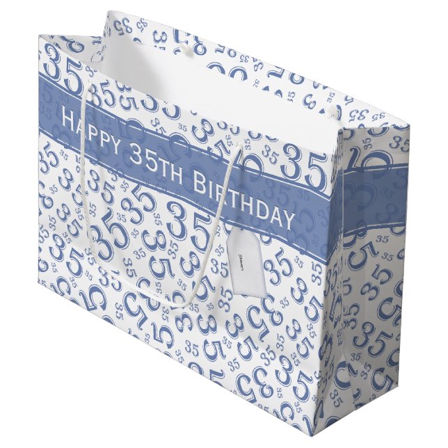Grand Sac Cadeau Joyeux 35e anniversaire Numéro Motif Bleu/Blanc (Devant Angle)