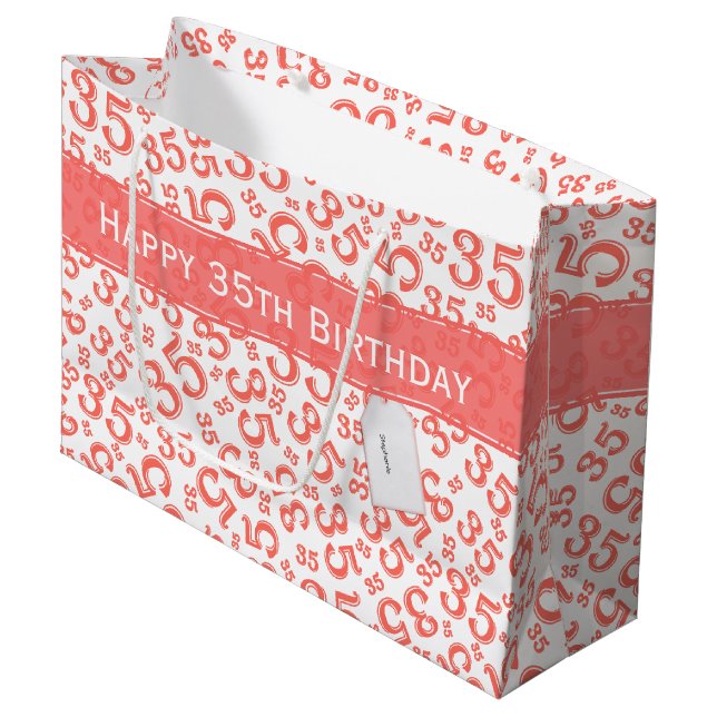 Grand Sac Cadeau Joyeux 35e anniversaire Numéro Motif Coral/Blanc (Devant Angle)