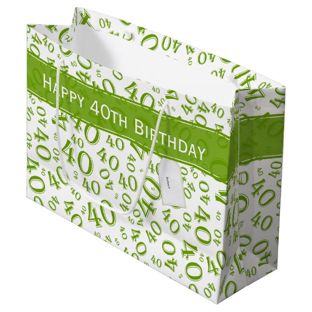 Grand Sac Cadeau Joyeux 40e anniversaire Numéro Motif Vert et blanc (Devant Angle)