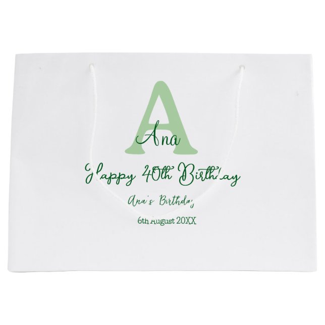 Grand Sac Cadeau Joyeux 40e anniversaire vert ajouter nom monogramm (Devant)